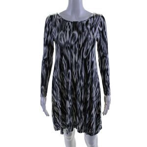 Elle Lauri Womens Ikat Print Long Sleeves Shirt Dress Black White Size Small